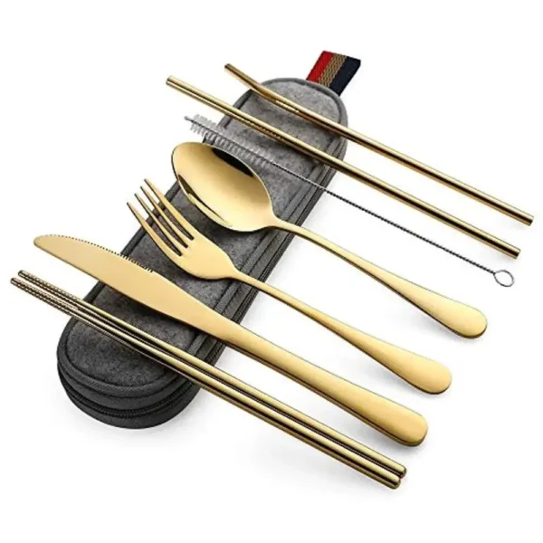 Tableware Reusable Travel Cutlery Set Camp Utensils Set with Stainless Steel Spoon Fork Chopsticks Straw Portable Case - Image 9