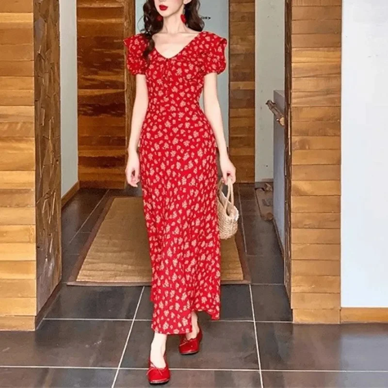 Floral Print Slim Fit V-Neck Midi Dress French Style Red Backless Holiday Vacation Long Skirt Women's Fashion Polyester Fiber 6 Floral Print Slim Fit V-Neck Midi Dress French Style Red Backless Holiday Vacation Long Skirt Women's Fashion Polyester Fiber - Image 6