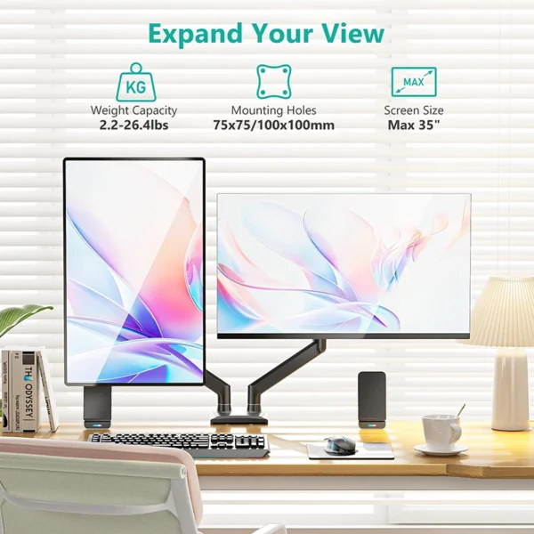 Dual Monitor Mount For 13″–34″ Screens, Adjustable Dual Monitor Stand, With 180° Swivel, Tilt, 360° Rotation For Home Office - Image 3