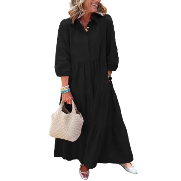 Summer Women's 3/4 Sleeve Maxi Dress Button Up Lapel Sundress With Pockets A-line Ruffles Tiered Beach Swing Dress Yellow - Image 7