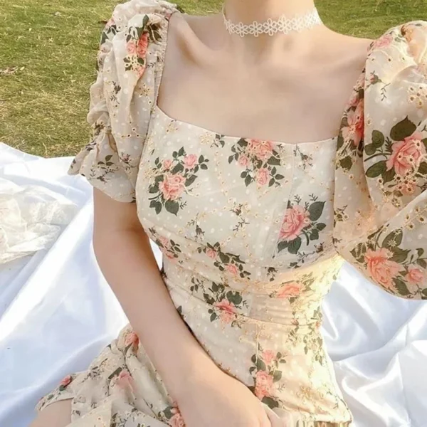 New 2025 Long Tea Break French Design Off-Shoulder Bubble Sleeve Floral Dress Women's Summer Ankle-length Low Waistline