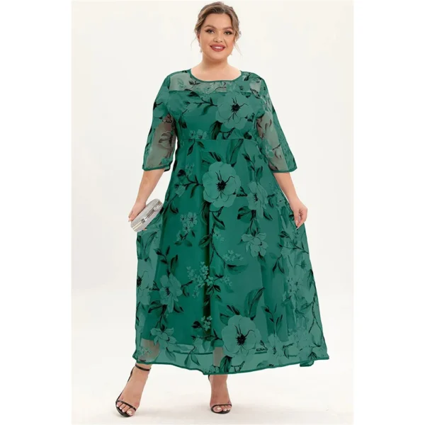 Flycurvy Plus Size Mother Of The Bride Grey and Green Floral Print Mesh Layered A Line Half Sleeve Tunic Maxi Dress - Image 6