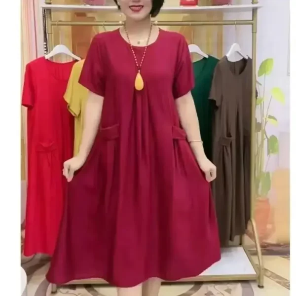 Plus Size Summer Dress for Plump Mothers Short Sleeve A- Line Casual Versatile Age-Defying Slimming Maxi Dress Loose Waist - Image 2