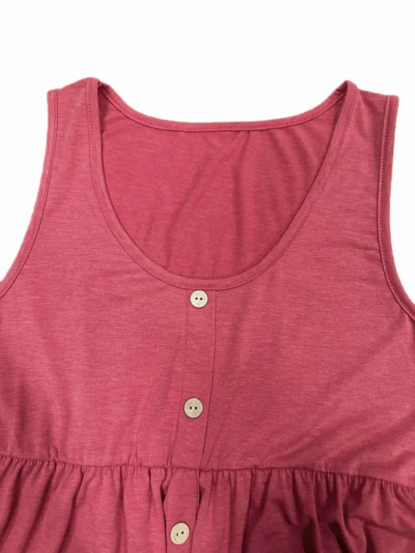 Plus-size summer tank dress with pockets and button details, slimming waist, solid color V-neck sleeveless knee-length skirt - Image 4