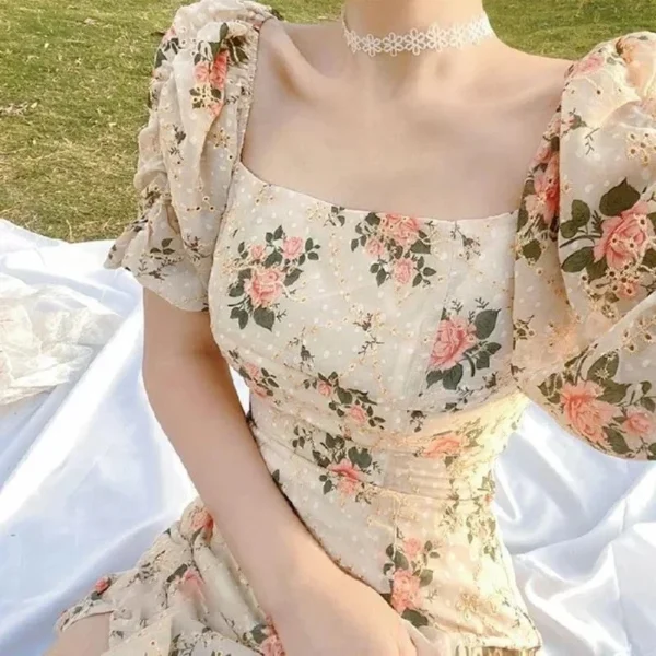 New 2025 Long Tea Break French Design Off-Shoulder Bubble Sleeve Floral Dress Women's Summer Ankle-length Low Waistline - Image 6