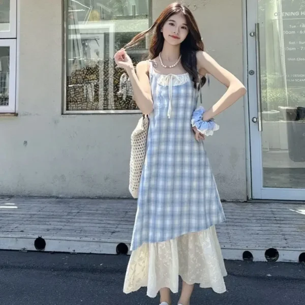 Summer 2025 New Style Women's Lace Splicing Plaid Strap Dress Loose Fit Slimming Midi Dress Fresh And Breathable Gown - Image 4