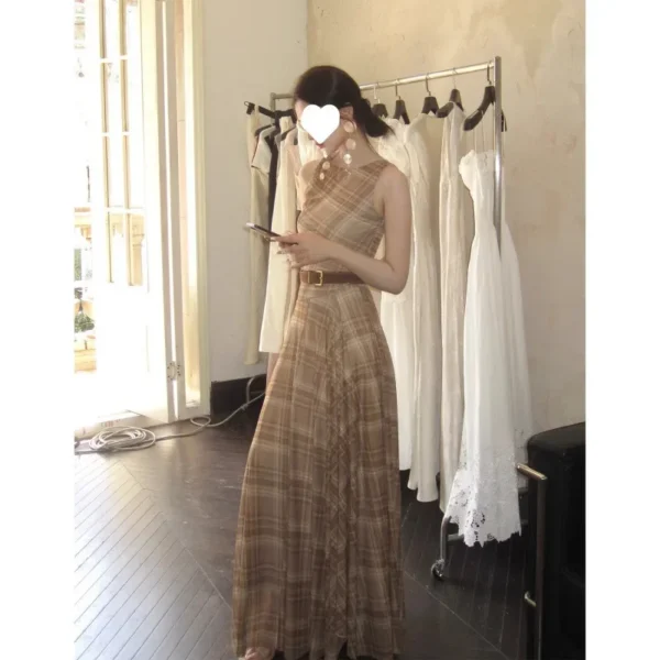 Modern Lover French Vintage Sleeveless Knot Large Swing Dress Waist-Cinching Long Gown High Collar Ankle-Length Women's Dress