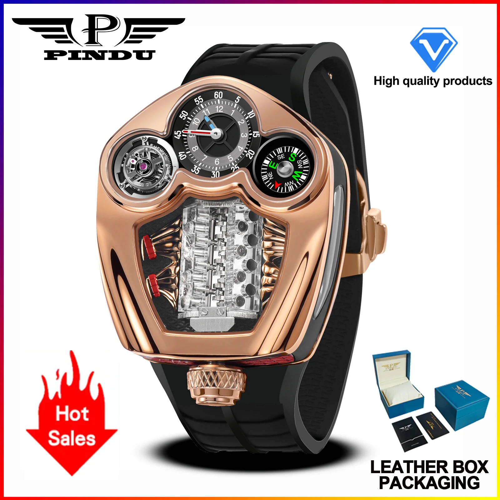 PINDU Design NEW Engine Series Quartz Watch Men TOP-luxurious Stainless steel Compass Waterproof Swiss quartz 762 movement watch 7 PINDU Design NEW Engine Series Quartz Watch Men TOP-luxurious Stainless steel Compass Waterproof Swiss quartz 762 movement watch - Image 7