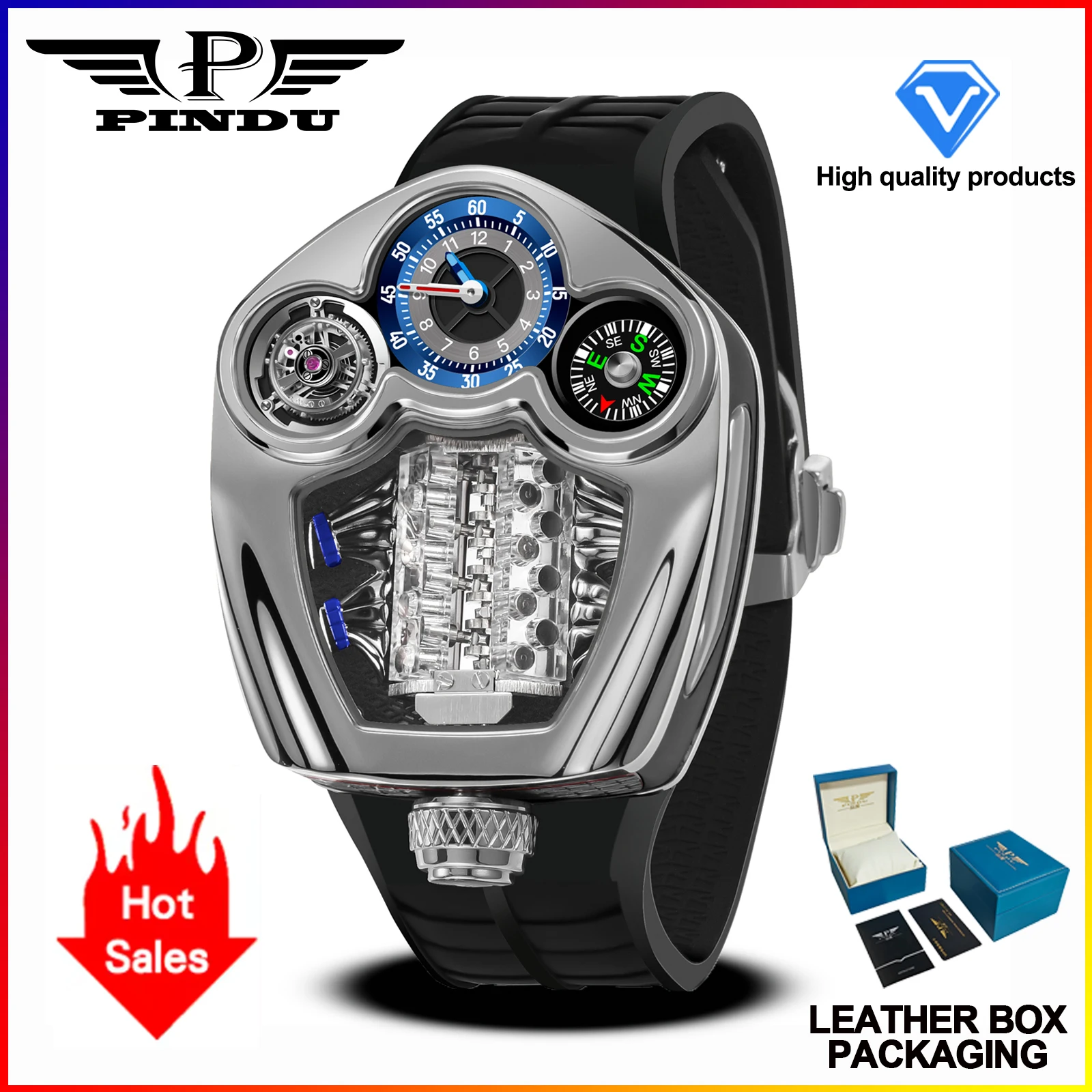 PINDU Design NEW Engine Series Quartz Watch Men TOP-luxurious Stainless steel Compass Waterproof Swiss quartz 762 movement watch 9 PINDU Design NEW Engine Series Quartz Watch Men TOP-luxurious Stainless steel Compass Waterproof Swiss quartz 762 movement watch - Image 9